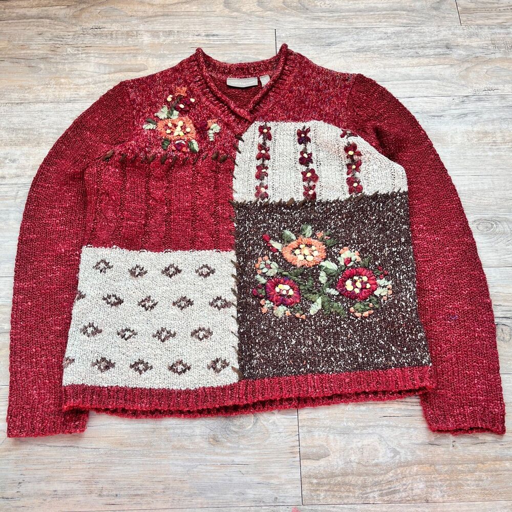 Croft & Barrow Patchwork Sweater S Cottagecore Floral Embroidery Deep Red Knit